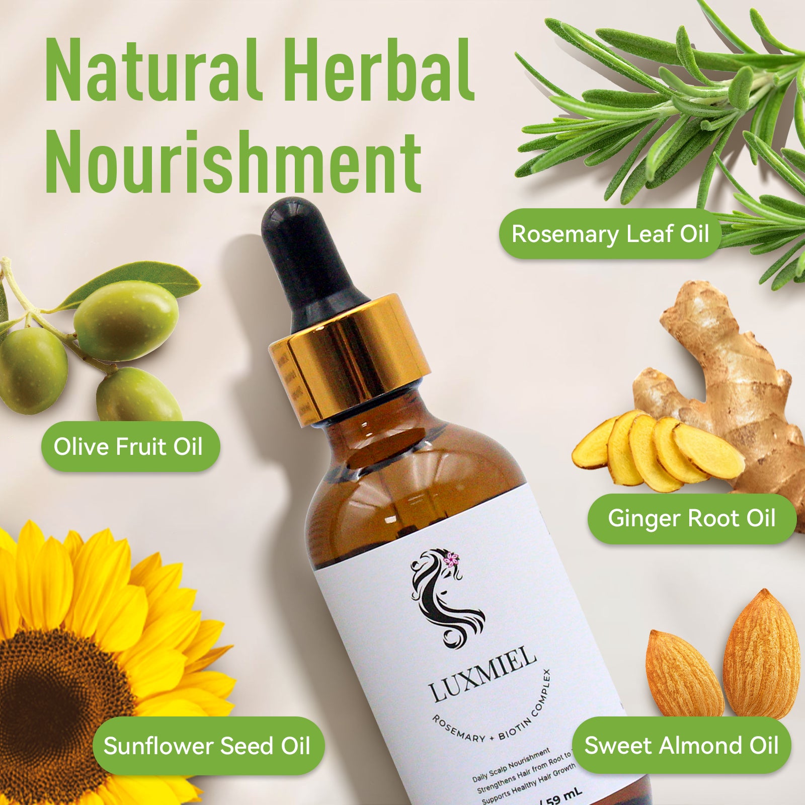 Luxmiel Rosemary Oil for Hair Growth Organic, 100% Pure Organic Rosemary Mint Scalp & Hair Strengthening Oil for Eyebrow and Eyelash 60ml - 2 Oz